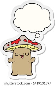 cartoon mushroom creature with thought bubble as a printed sticker