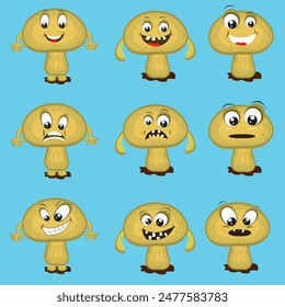 Cartoon mushroom in different modes facial expression set.