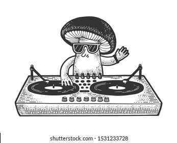 Cartoon mushroom DJ sketch engraving vector illustration. T-shirt apparel print design. Scratch board style imitation. Black and white hand drawn image.