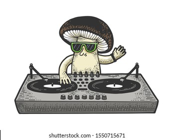 Cartoon mushroom DJ sketch engraving vector illustration. T-shirt apparel print design. Scratch board style imitation. Black and white hand drawn image.