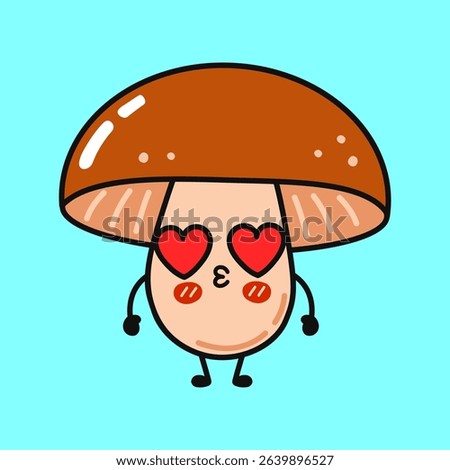 Cartoon mushroom featuring heart-shaped eyes, radiating love and affection while blowing kisses, creating a whimsical and cheerful vibe