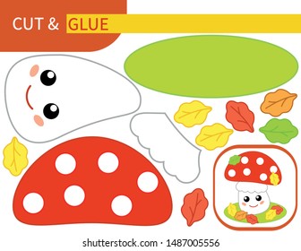 Cartoon mushroom fly agaric with autumn leaves. Paper game "cut and glue" for children