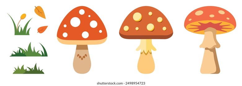 Cartoon Mushroom and Grass Elements Set with simple grass patches and autumn leaves