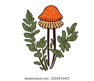 Cartoon mushroom in grass isolated on white background, vector illustration