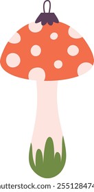 A cartoon mushroom with green leaves and red polka dots