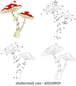 Cartoon mushroom house. Coloring book and dot to dot educational game for kids