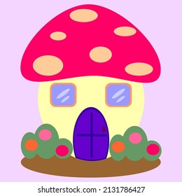 cartoon mushroom house cute emote stock vector illustration, isolated object on purple background.
