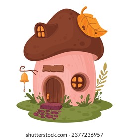 Cartoon mushroom house. Fantasy fairy tale cute mushroom cabin, flat vector illustration. Fairy forest little house