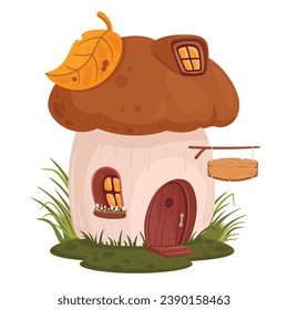 Cartoon mushroom house. Fantasy fairy tale forest tiny house, mushroom gnome or fairy home flat vector illustration. Cute magic mushroom cabin