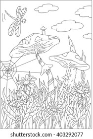 Cartoon mushroom house on the grass forest. A dragonfly in the sky. Coloring book