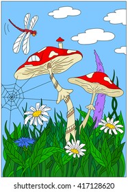 Cartoon mushroom house on the grass forest. A dragonfly in the sky