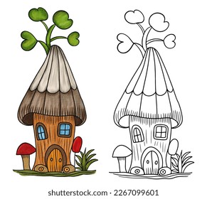 A cartoon mushroom house with a tree on the roof