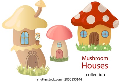 Cartoon mushroom houses. Collection of cute mushroom houses illustrations with doors and windows, standing on grass with flowers. Cartoon vector drawings isolated on white background.