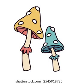 Cartoon mushroom icon. Funny psychedelic 70s hippie mushroom, 60s shroom symbol flat vector illustration. Retro hippie mushroom badge