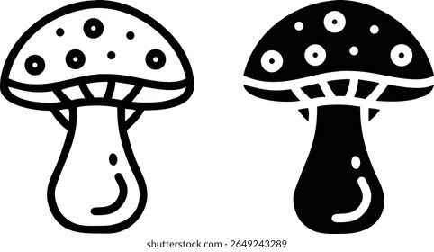 Conjunto de ícones de cogumelos de desenhos animados - preto e branco Toadstool Fungi ilustração vetorial para a natureza e a fantasia