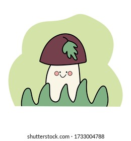 Cartoon mushroom kid for print design. Illustration of a fungus in a clearing in the grass, on a leaf hat. Cute concept on a green background. Autumn decoration. Vector illustration for design. Doodle