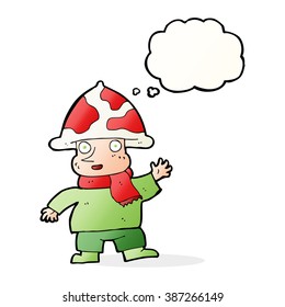 cartoon mushroom man with thought bubble
