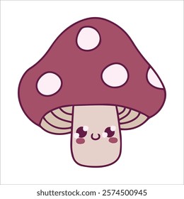 A cartoon mushroom with a mischievous expression, red cap with white polka dots, and blushing cheeks. Playful vibe