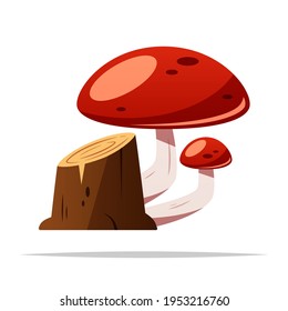Cartoon mushroom on tree stump vector isolated illustration