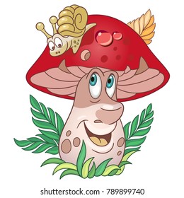 Cartoon Mushroom. Porcini. Brown Cap boletus. Happy Vegetable symbol. Eco Food icon. Emoji expression. Design element for kids coloring book, colouring page, t-shirt print, logo, label, patch, sticker