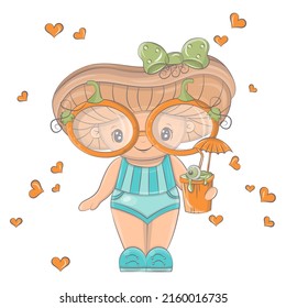 Cartoon mushroom with pumpkin cocktail. Vector illustration of Halloween character. Cute little illustration Halloween character for kids, fairy tales, covers, baby shower, textile t-shirt, baby book.