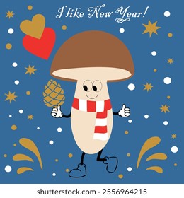 Cartoon mushroom in a scarf with a pine cone in his hands. Mushroom likes to celebrate New Year. Vector.