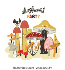 Cartoon mushroom set. Funny print. Mushrooms party poster with funny characters with eyes