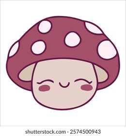 A cartoon mushroom with a smiling face and white polka dots on its red cap, drawn in a minimalist style