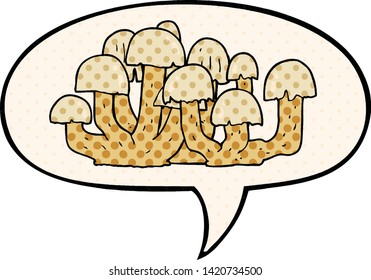 cartoon mushroom with speech bubble in comic book style