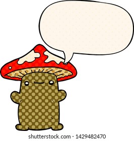 cartoon mushroom with speech bubble in comic book style