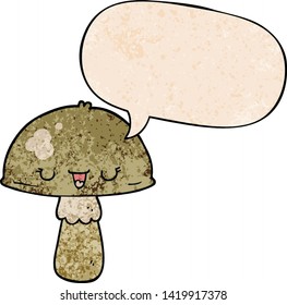 cartoon mushroom with speech bubble in retro texture style