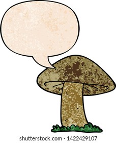 cartoon mushroom with speech bubble in retro texture style