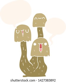cartoon mushroom with speech bubble in retro style