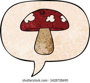 cartoon mushroom with speech bubble in retro texture style