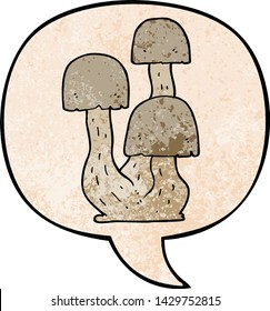 cartoon mushroom with speech bubble in retro texture style