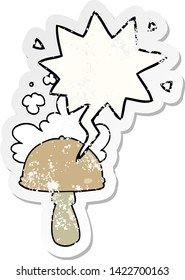hongos de dibujos animados con nube de esporas con una burbuja de habla angustiada pegatina vieja