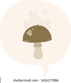 cartoon mushroom with spore cloud with speech bubble in retro style