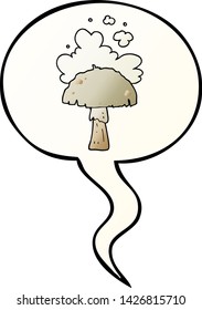 cartoon mushroom with spore cloud with speech bubble in smooth gradient style