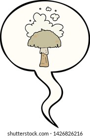 cartoon mushroom with spore cloud with speech bubble