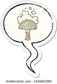 cartoon mushroom with spore cloud with speech bubble distressed distressed old sticker
