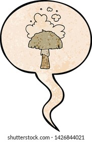 hongos de dibujos animados con nube de esporas con burbuja de habla en estilo de textura retro