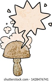 cartoon mushroom with spore cloud with speech bubble in retro texture style