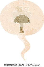 cartoon mushroom with spore cloud with speech bubble in grunge distressed retro textured style