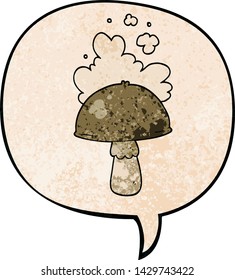 cartoon mushroom with spore cloud with speech bubble in retro texture style