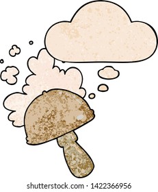 cartoon mushroom with spore cloud with thought bubble in grunge texture style