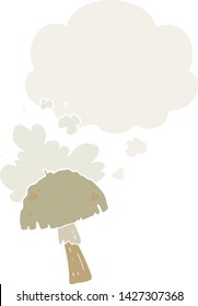 hongos de dibujos animados con nubes esporas con burbuja de pensamiento en estilo retro