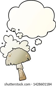 cartoon mushroom with spore cloud with thought bubble in smooth gradient style