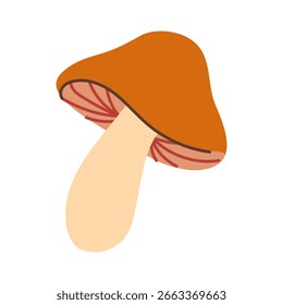 A cartoon mushroom with a stem and a red cap. The mushroom is orange and has a white background