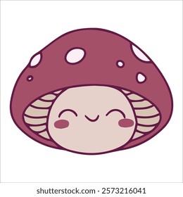 A cartoon mushroom with a sweet blushing expression, red cap with white dots, drawn in soft pastel tones