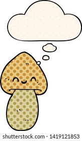 cartoon mushroom with thought bubble in comic book style
